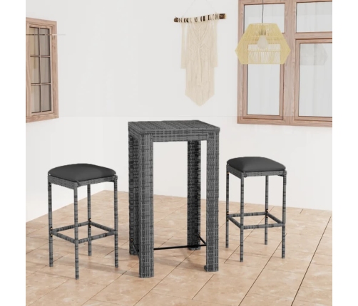 Set muebles bar jardín 3 piezas y cojines ratán sintético gris