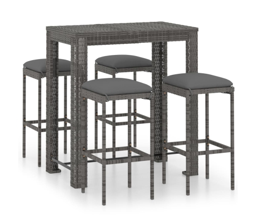 Set muebles bar jardín 5 piezas y cojines ratán sintético gris