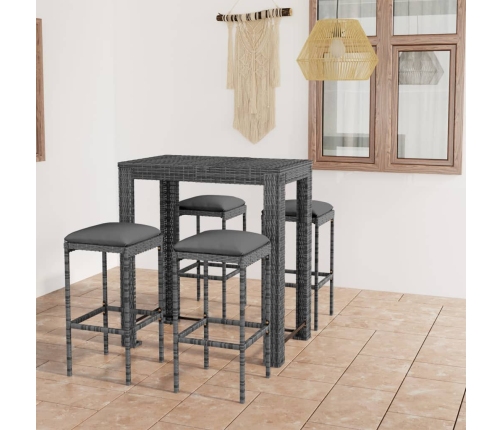 Set muebles bar jardín 5 piezas y cojines ratán sintético gris
