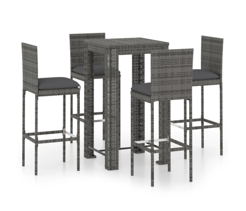 Set muebles bar jardín 5 piezas y cojines ratán sintético gris