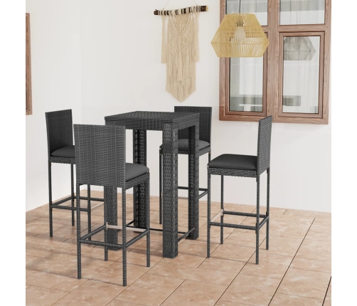 Set muebles bar jardín 5 piezas y cojines ratán sintético gris