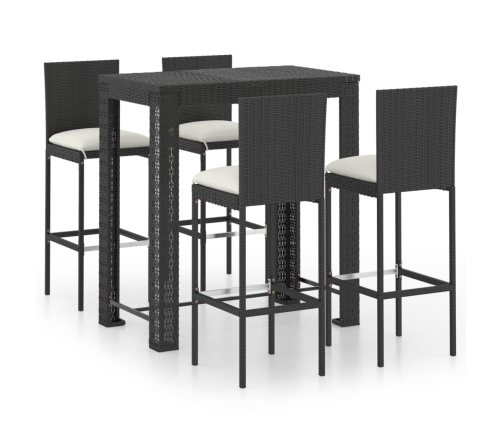 Set muebles bar jardín 5 piezas y cojines ratán sintético negro