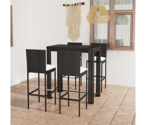 Set muebles bar jardín 5 piezas y cojines ratán sintético negro