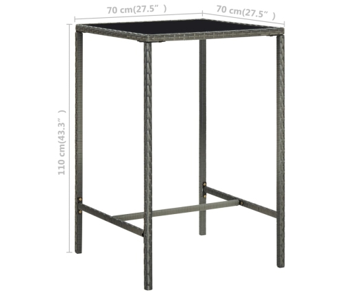 Mesa y taburetes altos jardín 3 piezas ratán sintético gris