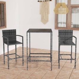 Mesa y taburetes altos jardín 3 piezas ratán sintético gris