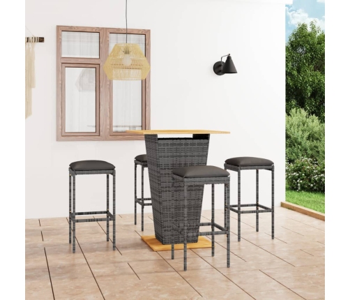 Set de muebles de bar de jardín 5 pzas y cojines ratán PE gris