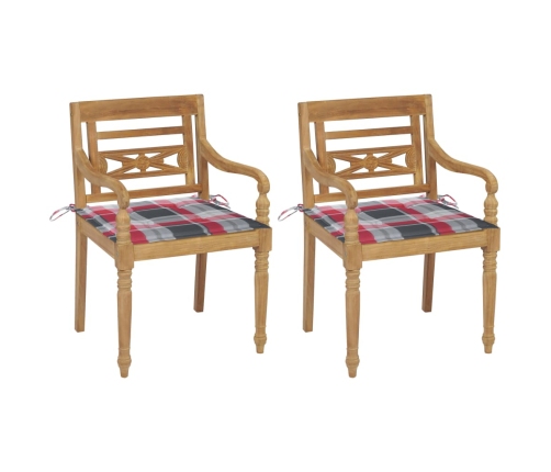 Sillas Batavia 2 uds teca maciza con cojines a cuadros rojos