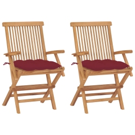 Sillas de jardín 2 uds madera teca con cojines rojo tinto