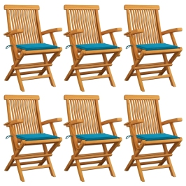 Sillas de jardín 6 uds madera maciza de teca con cojines azules