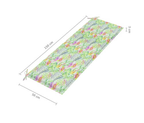 vidaXL Banco de jardín madera de teca con cojín estampado hojas 150 cm