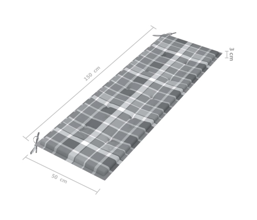 Banco de jardín madera de teca con cojín a cuadros gris 150 cm