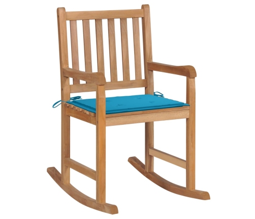 Silla mecedora de madera maciza de teca con cojín azul