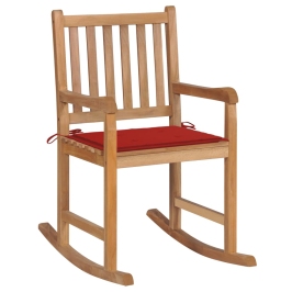 Silla mecedora de madera maciza de teca con cojín rojo