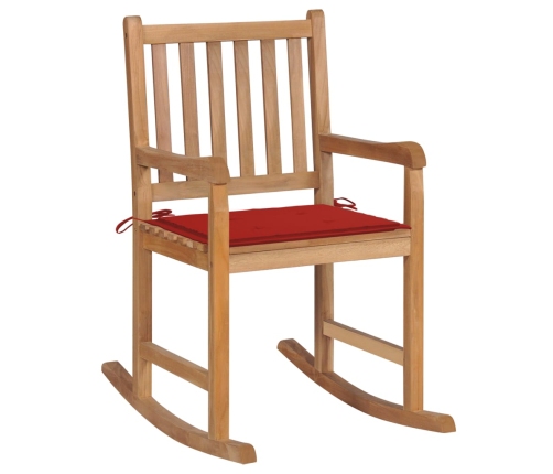 Silla mecedora de madera maciza de teca con cojín rojo