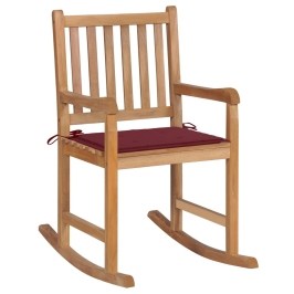 Silla mecedora de madera maciza de teca con cojín rojo tinto