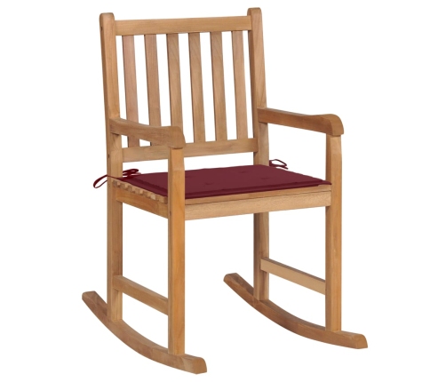 Silla mecedora de madera maciza de teca con cojín rojo tinto