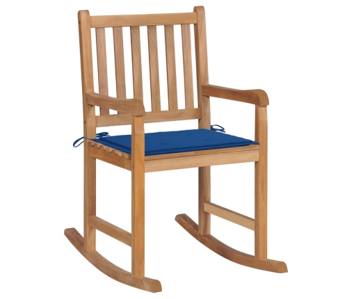 Silla mecedora de madera maciza de teca con cojín azul royal