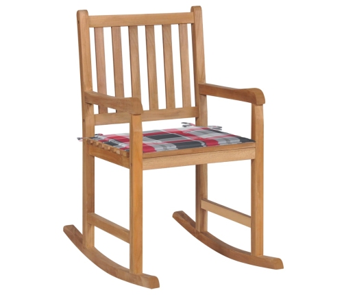 Silla mecedora de madera maciza teca con cojín a cuadros rojos