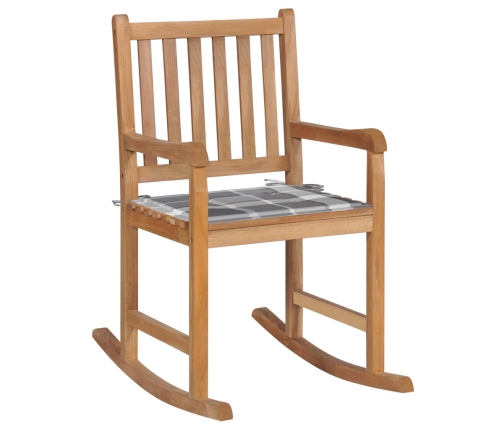 Silla mecedora de madera maciza teca con cojín a cuadros grises