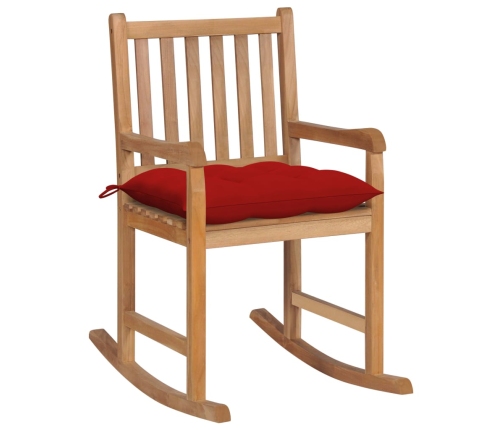 Silla mecedora de madera maciza de teca con cojín rojo