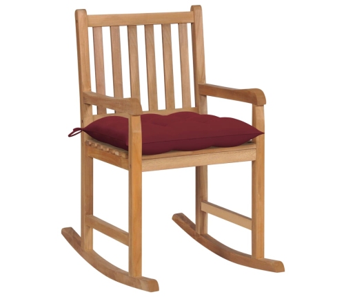 Silla mecedora de madera maciza de teca con cojín rojo tinto