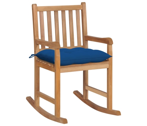 Silla mecedora de madera maciza de teca con cojín azul