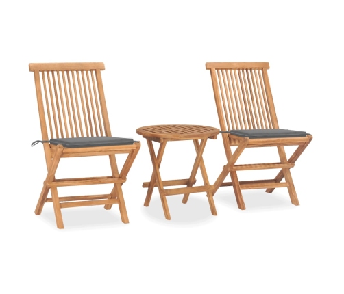 Set comedor de jardín plegable 3 piezas madera de teca cojines