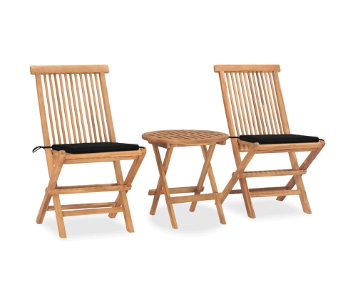 Set comedor de jardín plegable 3 piezas madera de teca cojines