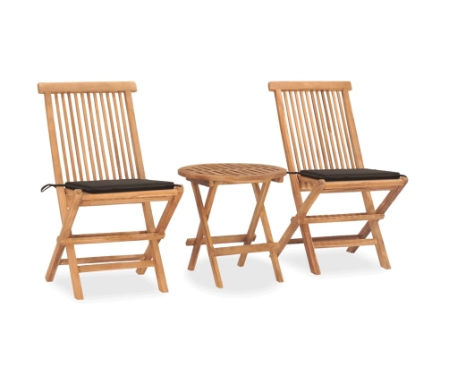 Set comedor de jardín plegable 3 piezas madera de teca cojines