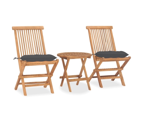 Set comedor de jardín plegable 3 piezas madera de teca cojines