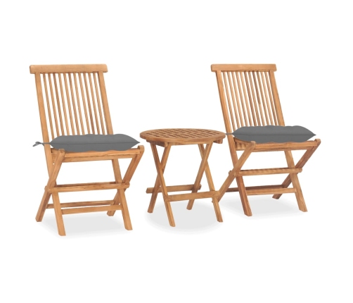 Set comedor de jardín plegable 3 piezas madera de teca cojines