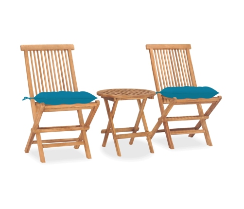 Set comedor de jardín plegable 3 piezas madera de teca cojines