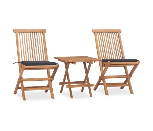 Set comedor de jardín plegable 3 piezas madera de teca cojines