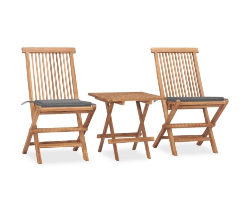 Set comedor de jardín plegable 3 piezas madera de teca cojines