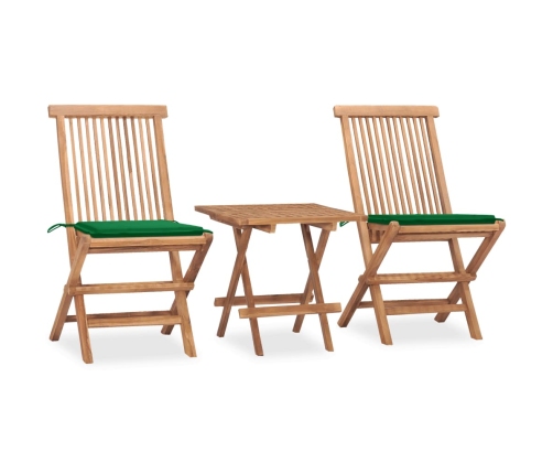 Set comedor de jardín plegable 3 piezas madera de teca cojines