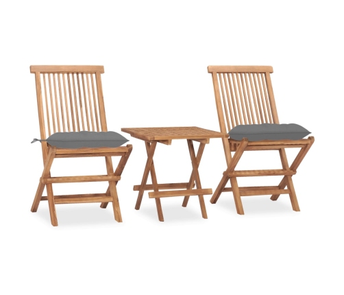 Set comedor de jardín plegable 3 piezas madera de teca cojines