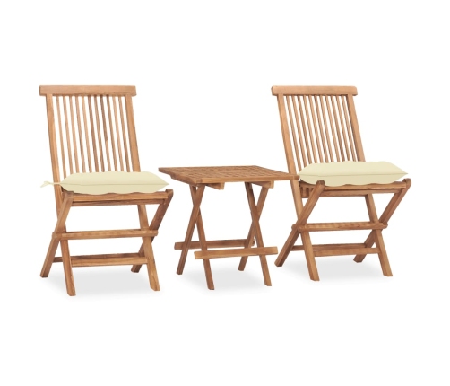 Set comedor de jardín plegable 3 piezas madera de teca cojines