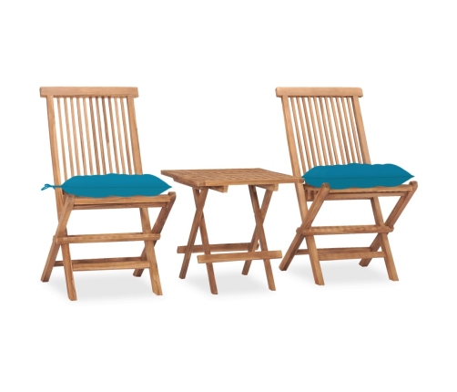 Set comedor de jardín plegable 3 piezas madera de teca cojines