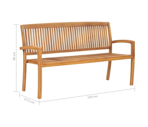 vidaXL Banco de jardín apilable con cojín madera maciza de teca 159 cm