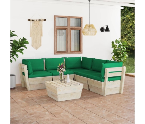 Muebles de jardín de palets 6 piezas y cojines madera de abeto