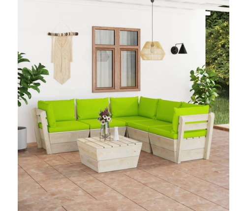 Muebles de jardín de palets 6 piezas y cojines madera de abeto