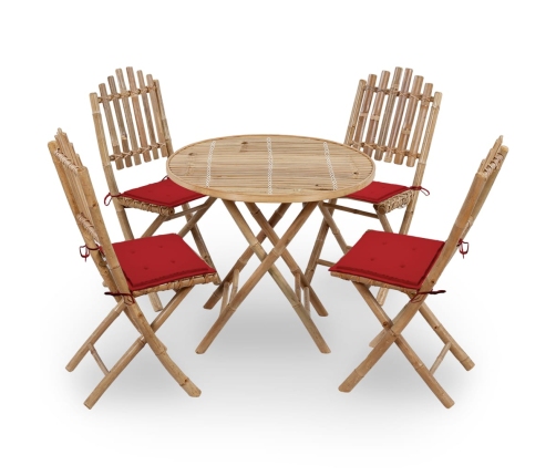 Set de comedor exterior plegable 5 piezas con cojines bambú
