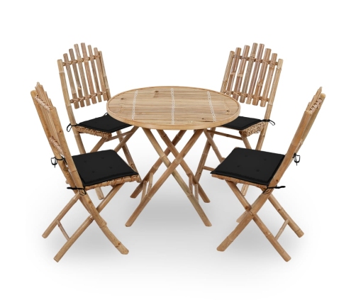 Set de comedor exterior plegable 5 piezas con cojines bambú