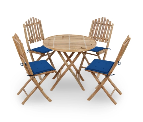 Set de comedor exterior plegable 5 piezas con cojines bambú