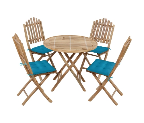 Set de comedor de jardín plegable con cojines 5 piezas bambú