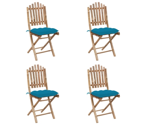 Set de comedor de jardín plegable con cojines 5 piezas bambú
