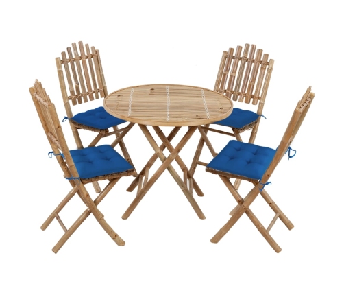 Set de comedor de jardín plegable 5 piezas con cojines bambú