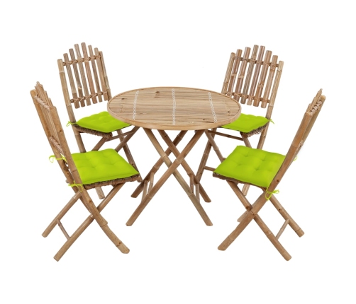 Set de comedor de jardín plegable 5 piezas con cojines bambú