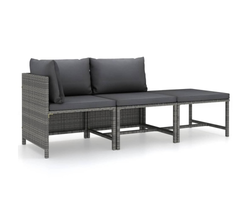 Set de muebles de jardín 3 pzas y cojines ratán sintético gris