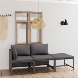 Set de muebles de jardín 3 pzas y cojines ratán sintético gris